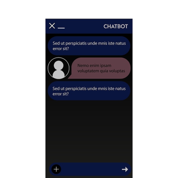 Вектор Окно чат-бота. темный ночной режим. пользовательский интерфейс приложения с онлайн-диалогом. разговор с роботом-помощником
