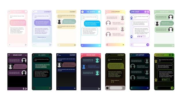 Vettore set finestra chatbot modalità scuro e chiaro interfaccia utente dell'applicazione con dialogo online