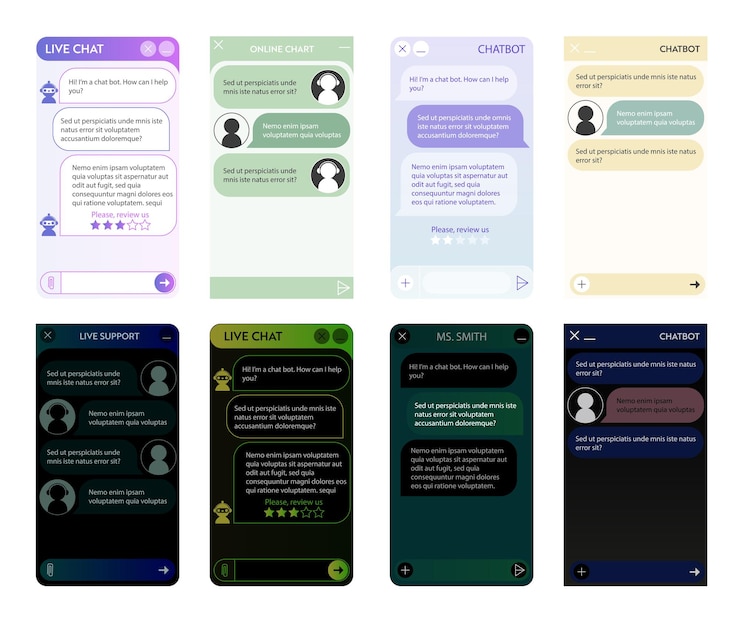 Vector chatbot windows set. dark night and light mode. user interface of application with online dialogue. conversation with a robot assistant