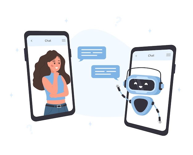 Vector chatbotconcept vrouw chatten met robot op smartphone scherm