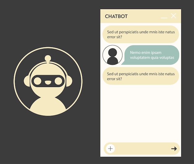 Chatbotvenster met robotpictogram. gebruikersinterface van de applicatie met online dialoog. gesprek met een robotassistent