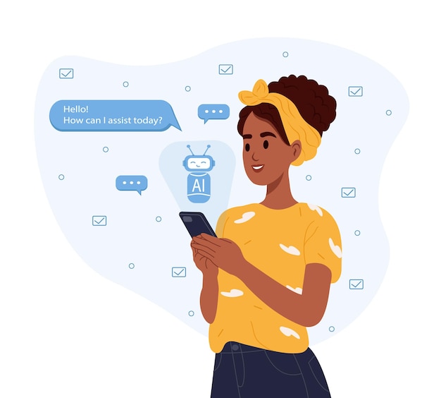 Vector chatgpt ai chat concept artificial intelligence an african american woman uses the technology of a smart ai robot dialogue between the ai assistant and the user in the messenger