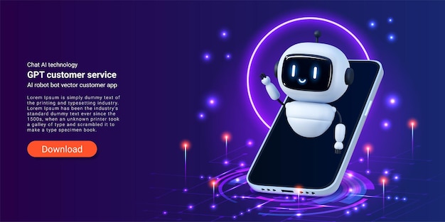 Chattechnologie GPT klantenservice landing Cartoon cyber personage Download website Conversatie robot Zakelijke ondersteuning Kunstmatige intelligentie chatbot Vector web banner design