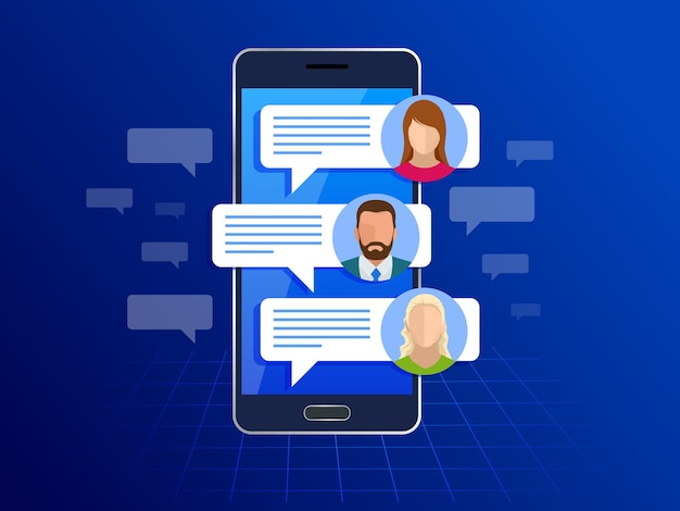 Chatten en messaging op smartphone concept. Sms-berichten en tekstballonnen. Korte berichtenservice bubbels. Platte vectorillustratie.