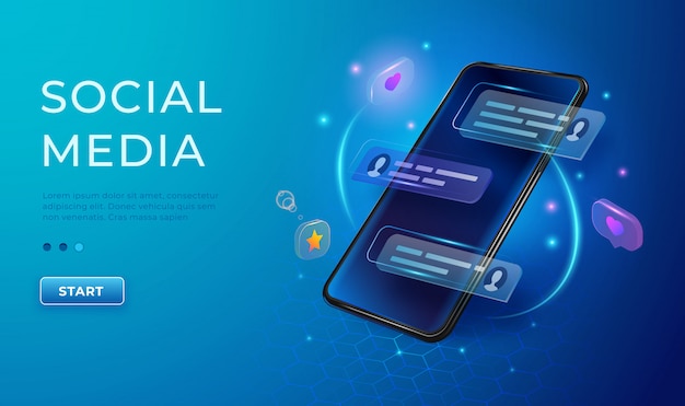 Chatting and communication concept 3d. phone with likes and message icons. smartphone application social media banner