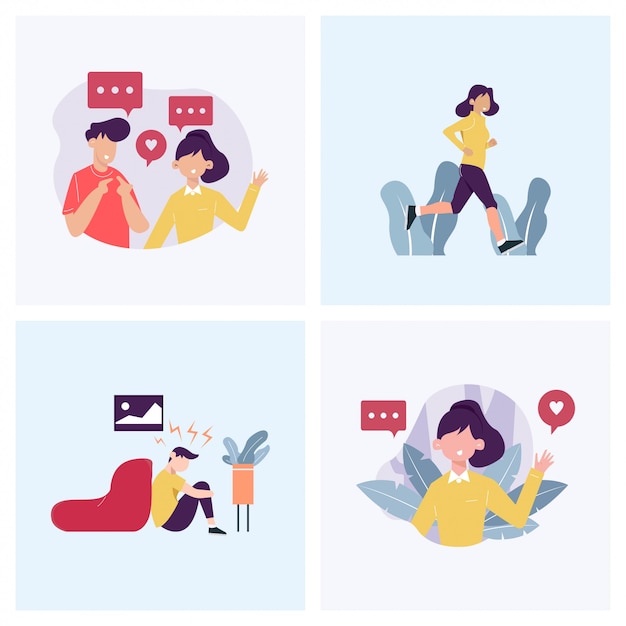 chatting, greeting, exercising and depression in concept illustration   set
