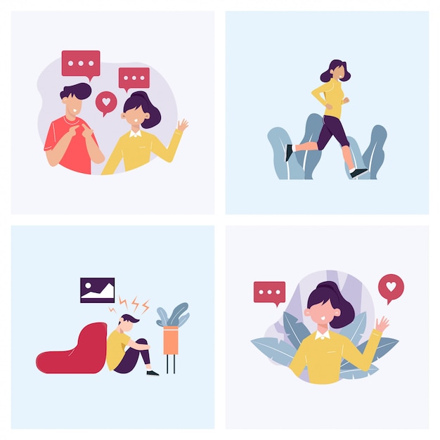 Chatting, greeting, exercising and depression in concept illustration   set