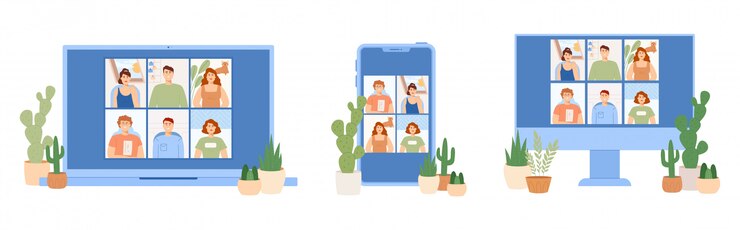 Vector チャット人セット。さまざまなガジェットでのオンラインチャット。在宅勤務。