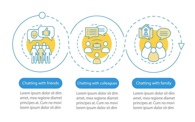 채팅 사람들 벡터 infographic 템플릿입니다. 의사 소통. 비즈니스 프레젠테이션 디자인 요소입니다. 단계 및 옵션이 있는 데이터 시각화. 프로세스 타임라인 차트. 선형 아이콘이 있는 워크플로 레이아웃