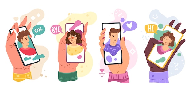 Chatting phones. Modern hands with smartphones video messaging. Phones screens with people faces, facetime video link apps, online communication with friend cartoon flat vector bright isolated set