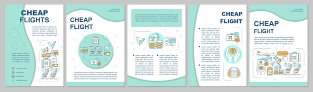 Layout del modello di brochure per voli economici. viaggi last minute, biglietti low cost. volantino, opuscolo, design di stampa di volantini con illustrazioni lineari. layout di pagina vettoriale per riviste, report, poster