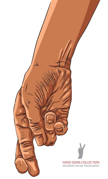 Cheater hand with crossed fingers, African ethnicity, detailed vector illustration.