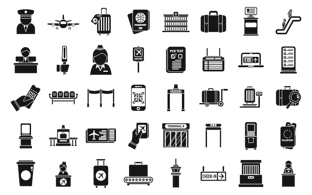 Vector check in airport icons set simple vector plane airport people counter check