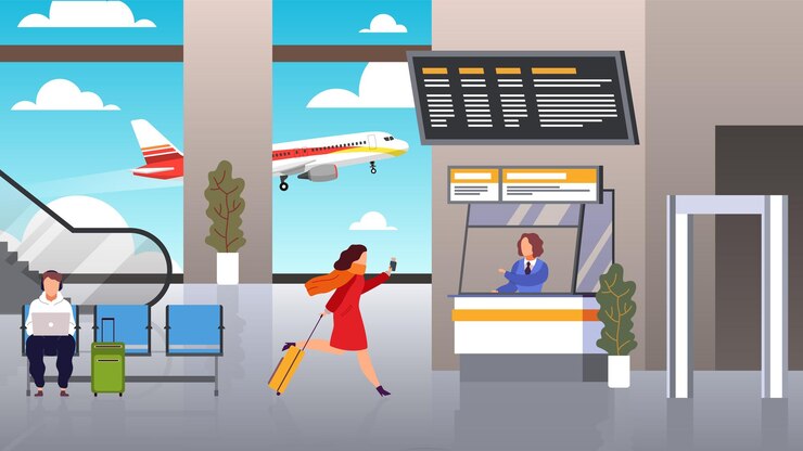 वेक्टर check in airport. woman runs with suitcase is late for airplane air flight checking ticket and documents, passenger registers waiting plane departure traveller with luggage flat cartoon vector concept