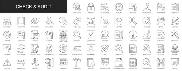 Vector check and audit web icons set in thin line design pack of money examination quality result discussion monitoring evaluation review target other outline stroke pictograms vector illustration