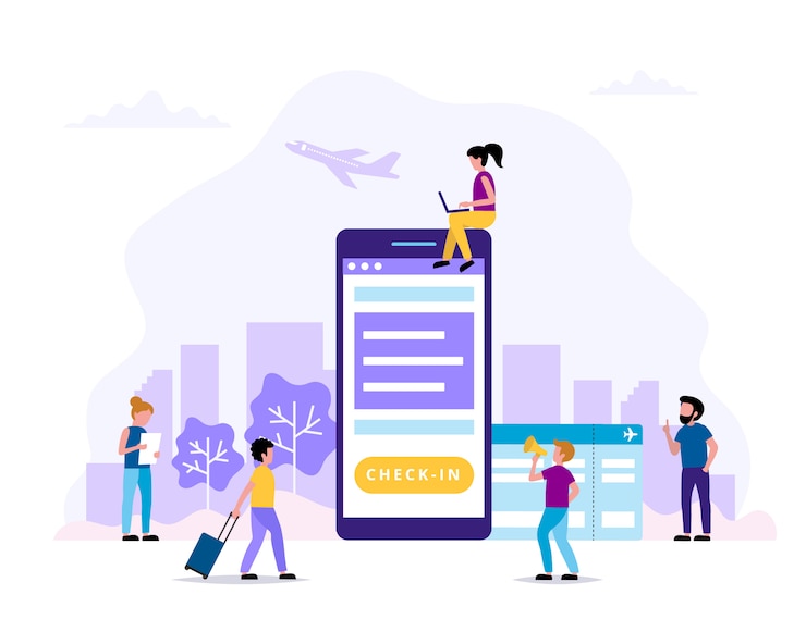 Vector check-in, concept illustration with smartphone, boarding pass.