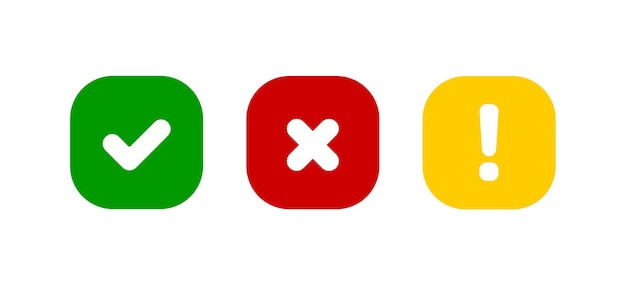 십자가 및 느낌표 설정 벡터 아이콘 확인 빨간색 녹색과 노란색 플랫에서 격리된 사각형 그림