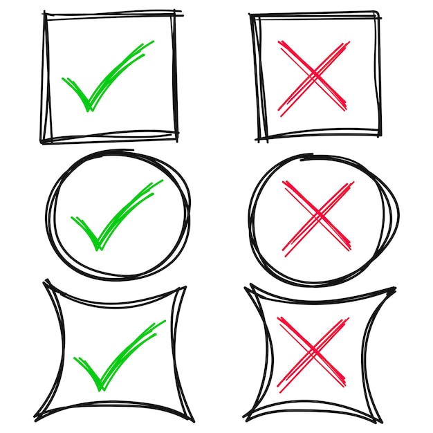 Vector check and cross mark set hand drawn doodle sketch style vote yes no drawn concept check box cross mark with box circle element vector illustration