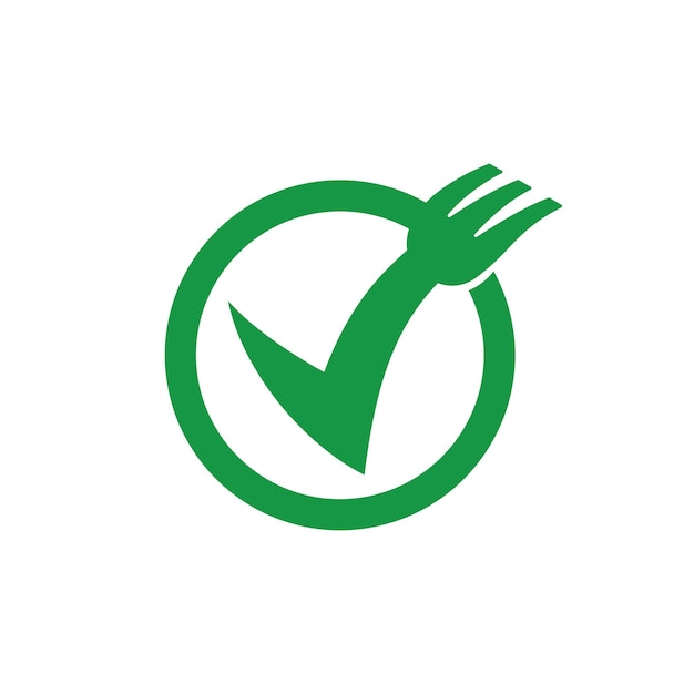 Проверьте вилку, сертифицированную для еды, утвержденную иллюстрацию векторной иконки логотипа