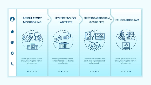 Check for hypertension onboarding vector template. Responsive mobile website with icons. Web page walkthrough 4 step screens. Lab tests. Ambulatory monitoring color concept with linear illustrations