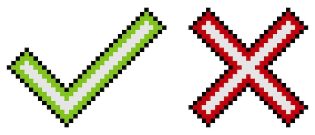 Vector check mark and cross mark. tick and cross sign with pixel art. vector illustration