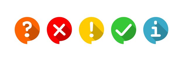 Check mark cross question mark exclamation point information icon set Color circle buble information illustration symbol Sign app button vector