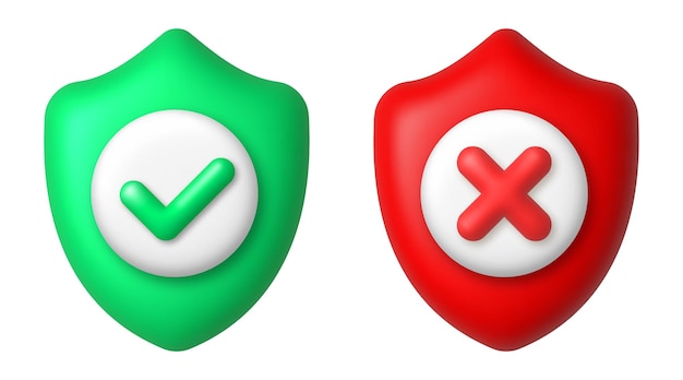 Check mark and cross on red and green shields Cancel and accept icons 3d vector design element