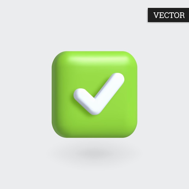 Vector check mark on green button 3d icon tick check mark in cartoon style