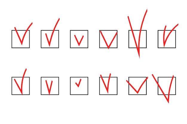 Segno di spunta segno di spunta disegnato a mano caselle vuote riempite per le risposte nella conferma del voto del test