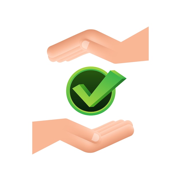 Check mark hanging over hands green approved star sticker on white background