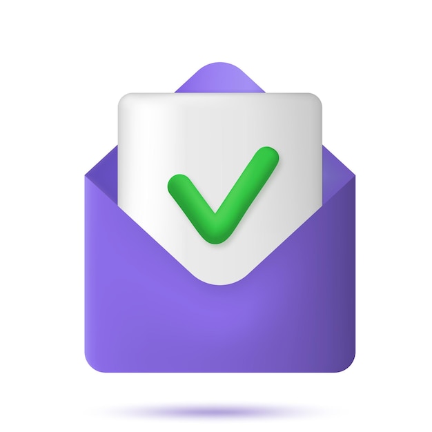 Check mark icon in 3d envelope approvement concept document and postal envelope 3d rendering