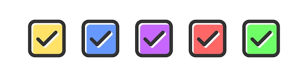 Check mark icon Tick symbol Checklist signs in the box Correct symbols Ok right icons Yellow blue purple red green color Vector sign