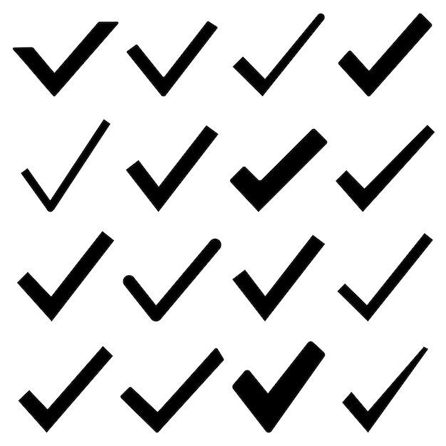 Check mark icons set Black check mark on white background Approved symbol