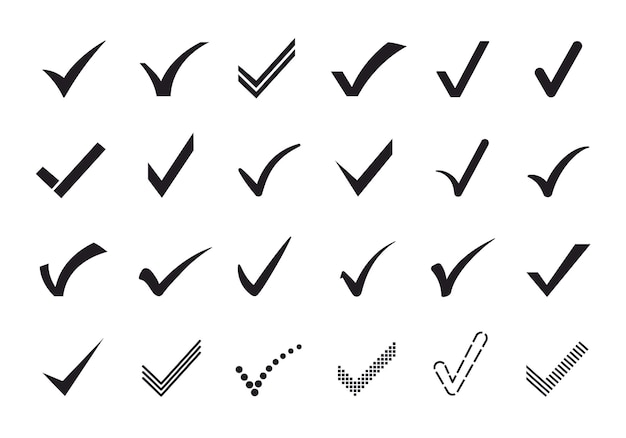 Check mark icons Verification and approval marks correct answer sign and tick checkmarks vector symbol set