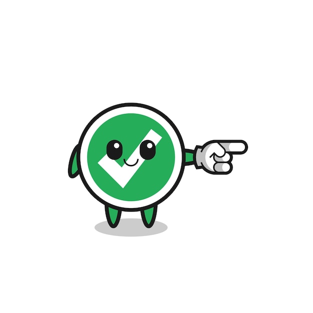 Check mark mascot with pointing right gesture