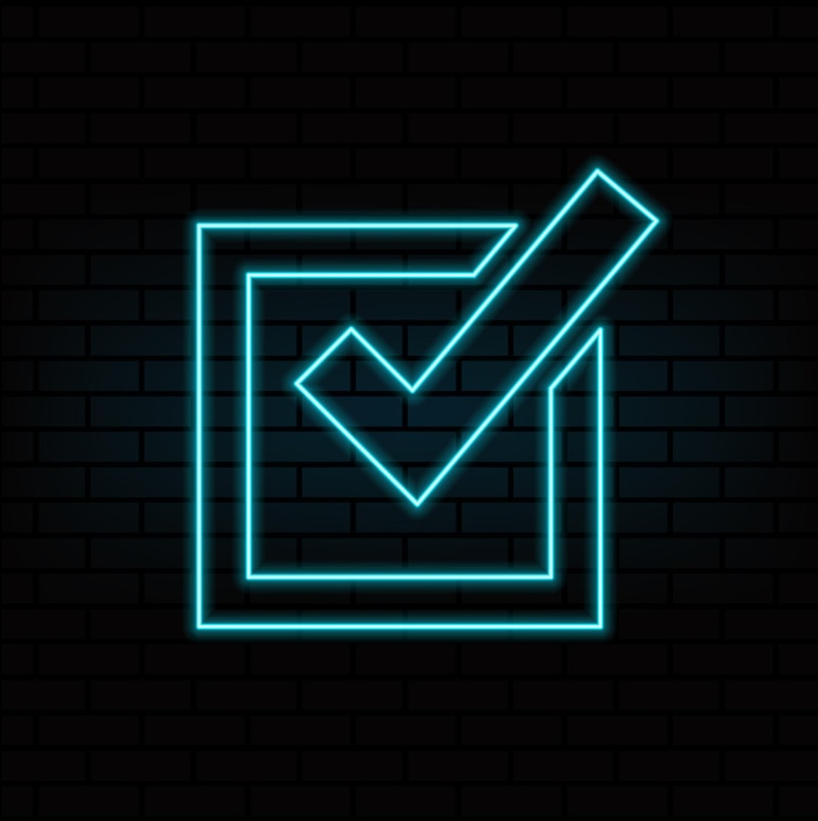 Vector check mark neon sign modern glowing banner design colorful modern design trend on black background vector illustration
