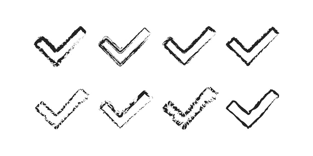 Segno di spunta impostato su sfondo bianco icona della vernice di progettazione simbolo vettoriale simbolo del pennello nero traccia il voto del segno di spunta