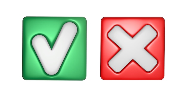 Vector check mark, tick and cross brush signs, green checkmark ok and red x icons