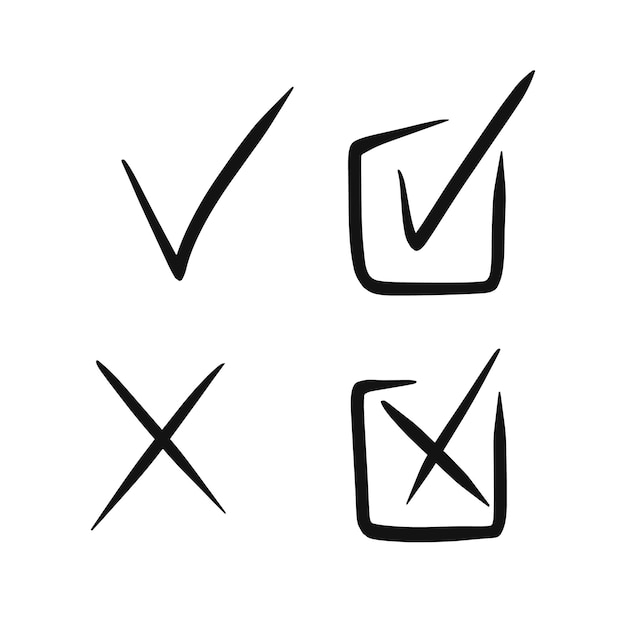 Segno di spunta spuntare e incrociare le icone vettoriali sì e no simboli illustrazione di doodle di vettore isolata