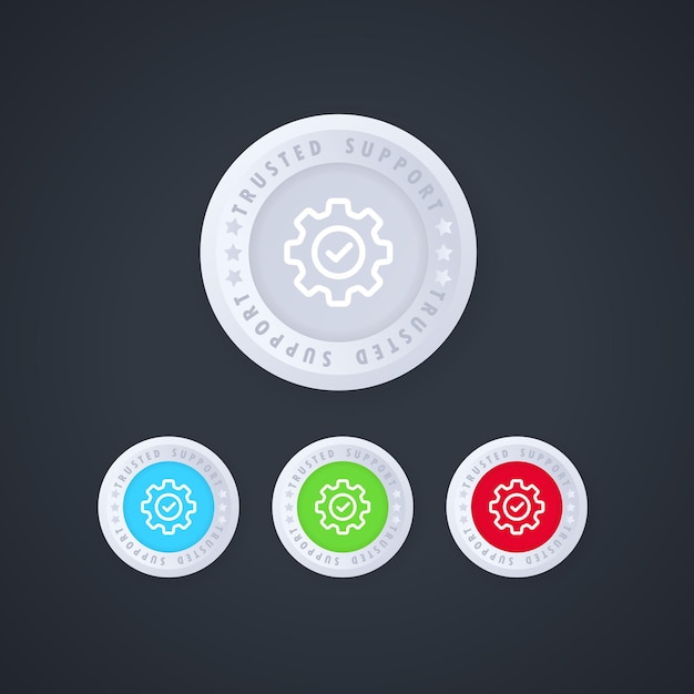 Vector check mark with gear. trusted support button in 3d style.