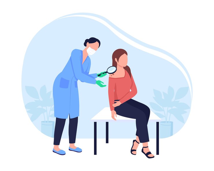 Vector check melanoma for skin cancer 2d vector isolated illustration. practitioner examines mole. female doctor and patient flat characters on cartoon background. dermatologist appointment colourful scene