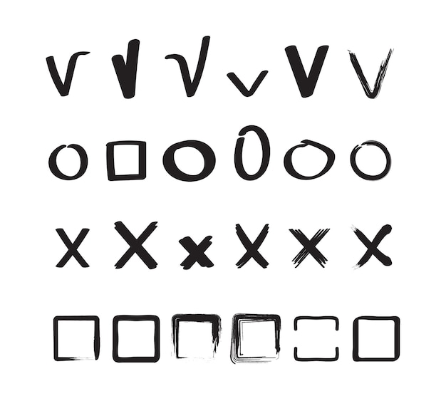 Vector check signs. ticks and crosses circles and square hand drawn sketches shapes vector check marks collection. check tick, mark cross, checkmark right illustration