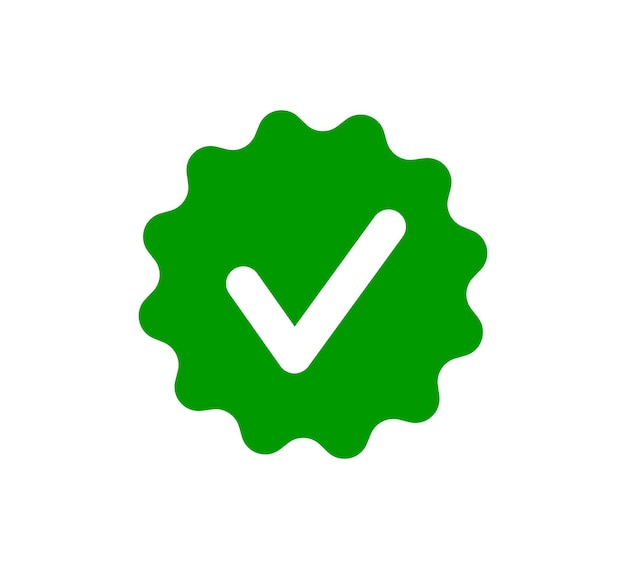 Check tick mark on wavy edge green circle sticker star burst shape tag with approved icon premium official account verify icon stamp vector illustration isolated on white background