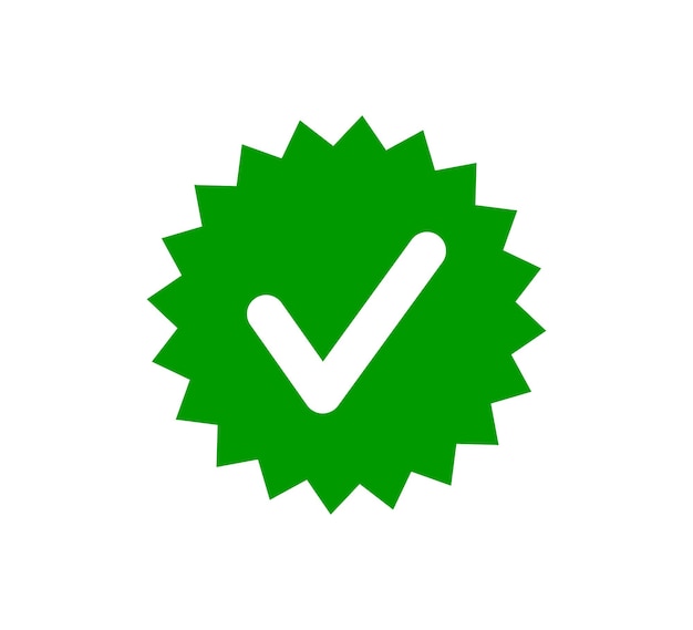 Check tick mark on wavy edge green circle sticker star burst shape tag with approved icon premium official account verify icon stamp vector illustration isolated on white background