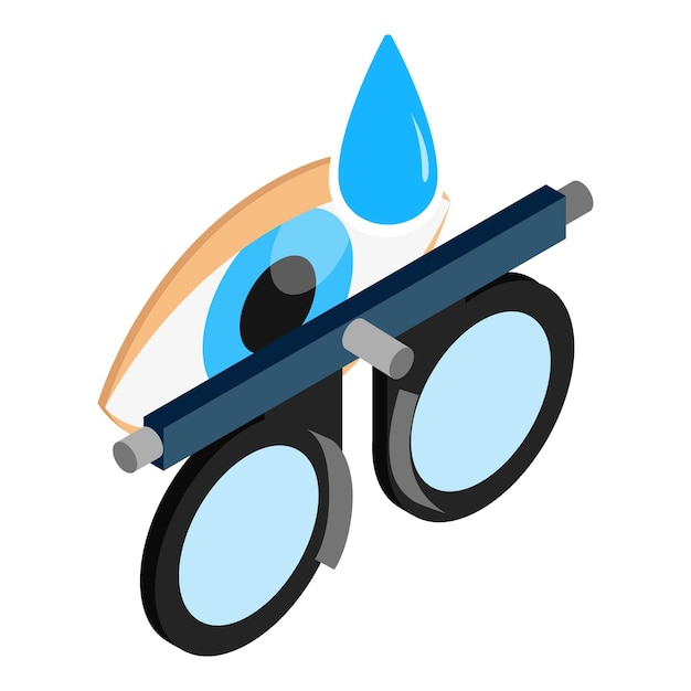 Vector check vision icon isometric vector trial frame open human eye and blue drop optometrist equipment ophthalmology concept