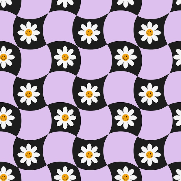 Vector checkered bloemen naadloos patroon kleurrijke achtergrond ontwerp geometrische bloemen smiley gezicht