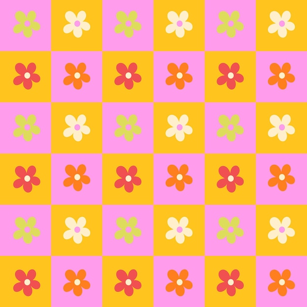 Vector checkered flowers 70s groovy design vector seamless pattern background