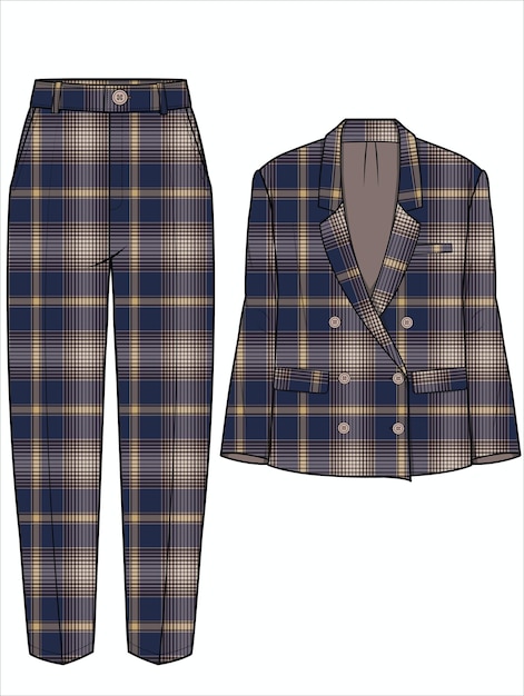 CHECKERED REGULAR WOMEN BLAZER AND TAPERED FIT PANTS CORPORATE WEAR VECTOR