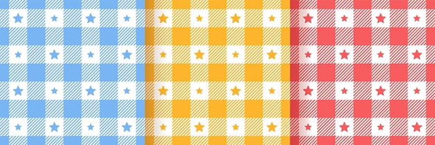 Checkered seamless patterns Plaid prints with stars Set of gingham backgrounds Vintage vichy text