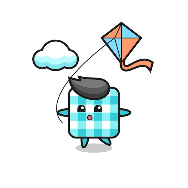 Checkered tablecloth mascot illustration is playing kite , cute style design for t shirt, sticker, logo element